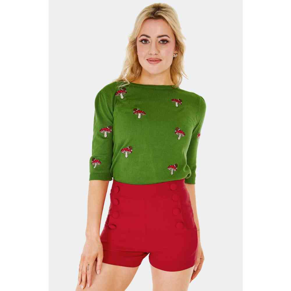 Voodoo Vixen - Faux Button Back Zipper Korte broek - Rood